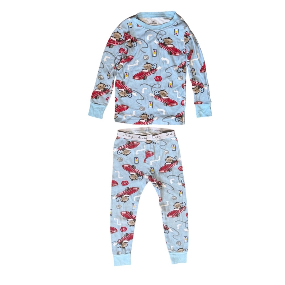 Old Navy Sock Monkey Race Car Pajamas Set Blue Red Toddler Boys 3T Long Sleeve